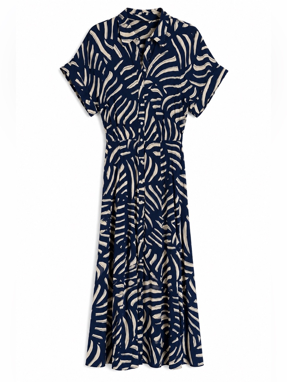 H&M Navy and Off White Abstract Midi Shirt Dress with Tie Waist Small